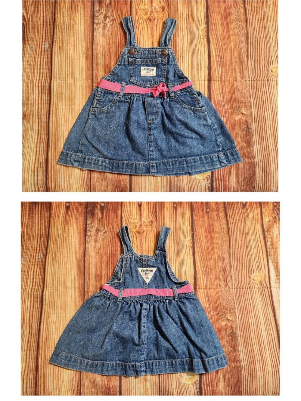 OshKosh Bgosh Baby Girls Denim Overall Dress 12 Months Vestbak Jumper Pink Bow